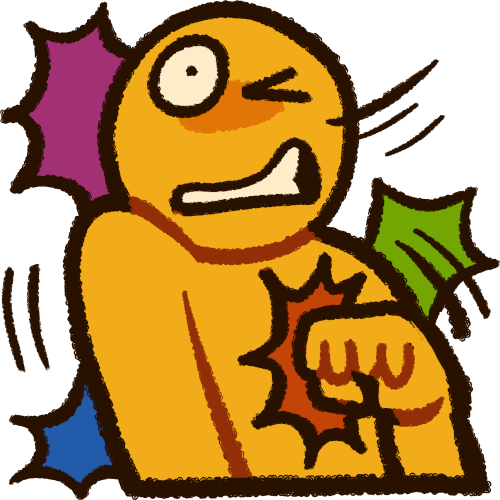 A yellow person ticcing, with one eye squinting. There is purple explosion effect behind their head, a green one next to their right shoulder, a blue one near their left elbow, and a red one behind their fist.